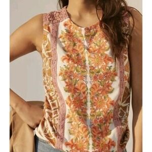Floral Embroidered Tank Top Tiny AnthropologyCrochet Trim Bohemian Sleeveless‎